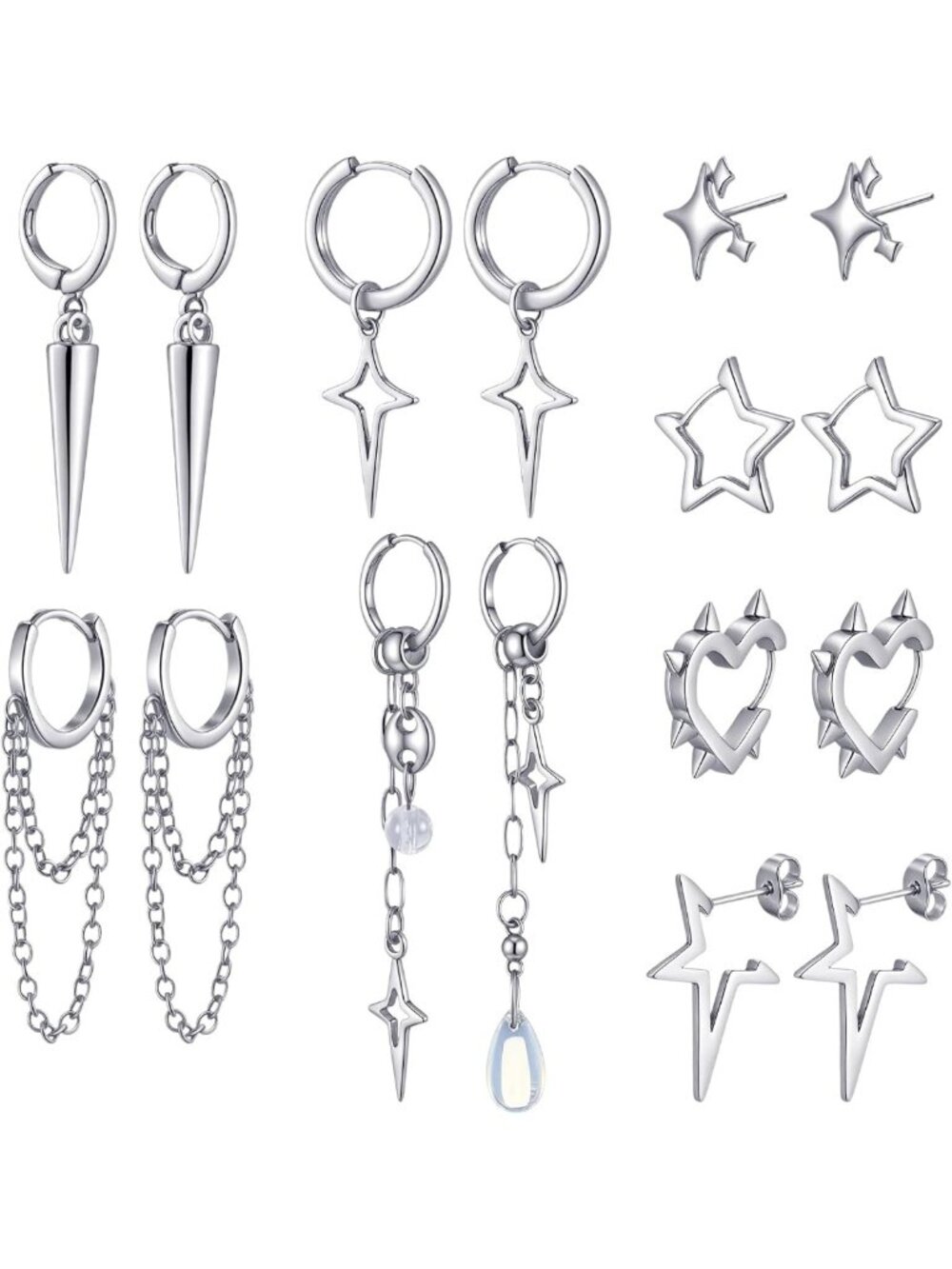 8 Pairs Silver Dangle Hoop Earrings - Y2K Punk Star & Moon Studs Set